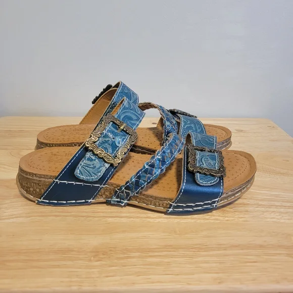 L'Artiste Blue Paisley Astra Slide Sandals Size 37/6.5-7 - Picture 3 of 8